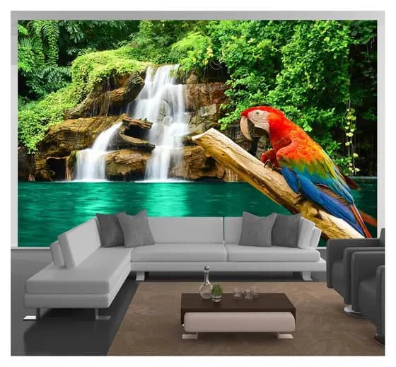 Adesivo de parede cachoeira com arara natureza paisagem papel de parede m² ANM 292