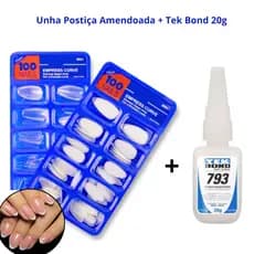 KIT 100 UNHAS POSTIÇAS INTEIRAS AMENDOADA NATURAL REALISTA DIVERSOS TAMANHOS + TEK BOND 793 20g