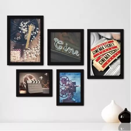 Quadros decorativos 5 peças mosaicos para sua sala ou quarto Cinema - Projetor - Filmes - Movie - Sala Star = 370