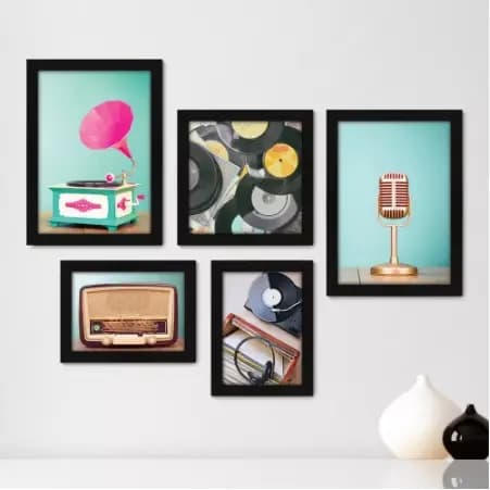 Quadros decorativos 5 peças mosaicos para sua sala ou quarto Rádio - Vitrola - Microfone - Vinil - Vintage Star = 358