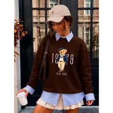 Moletom Feminino Urso 1979 Teddy Gola Careca Algodão Macio Quente Confortável Tendência Inverno