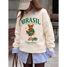 Moletom Feminino Urso Brasil Oficial Teddy Algodão Macio Quente Confortável Tendência Inverno 2026