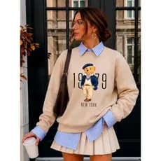 Moletom Feminino Urso 1979 Teddy Gola Careca Algodão Macio Quente Confortável Tendência Inverno 26