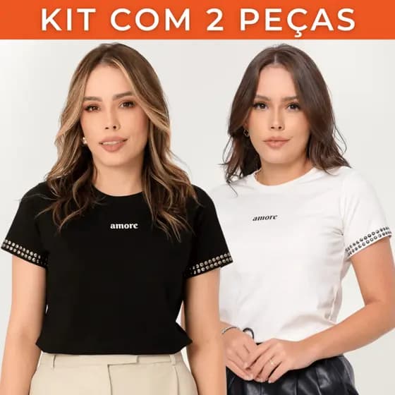 Kit 2 Blusa Feminina Estilosa Estampada Manga Curta Flores Coração Camiseta Casual