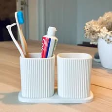 Porta Escova de Dente Duplo Canelado Organizador Banheiro com Compartimentos Casal Decoração