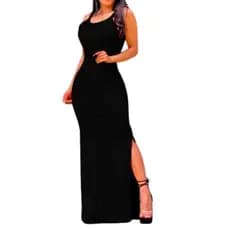 Vestido Canelado Longo Com Alça E Fendas Nas Laterais