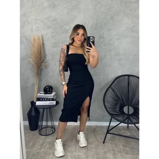Vestido Tomara que Caia Midi Canelado Elegante com Fenda