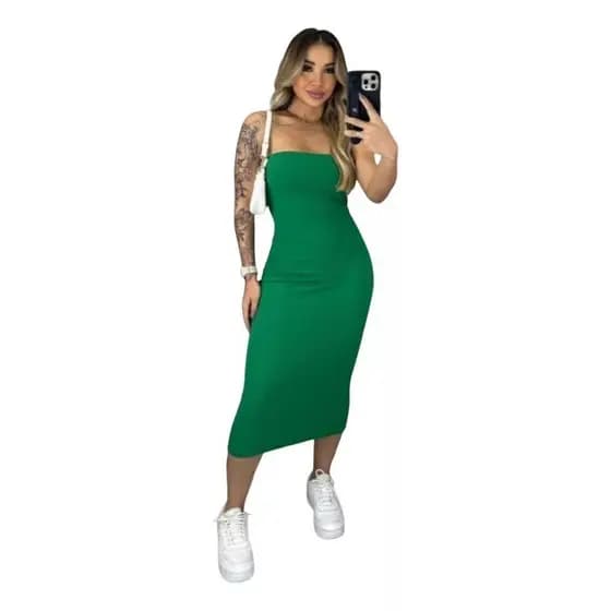 Vestido Tomara que Caia Canelado Midi Elegante Sem Fenda