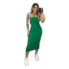 Vestido Tomara que Caia Canelado Midi Elegante Sem Fenda