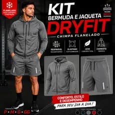 Kit Cinza Bermuda e Jaqueta Dryfit Unissex Fitness 2K26