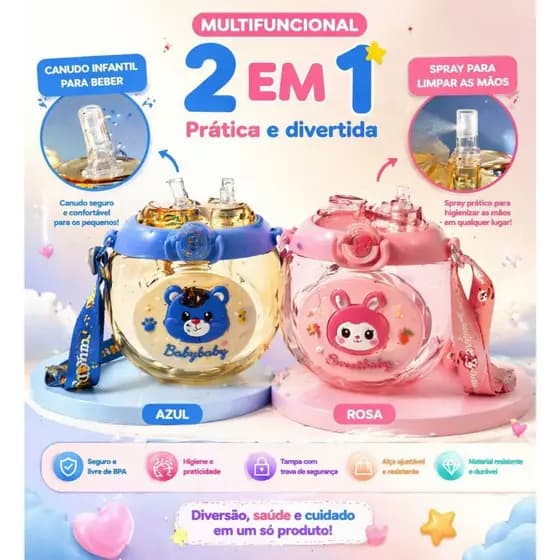 Garrafinha Infantil com Canudo e Spray para Mãos – Prática, Divertida e Portátil