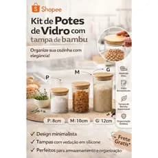 Kit Potes de Vidro com Tampa de Bambu – Organizadores para Mantimentos P, M e G
