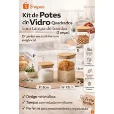 Kit 2 Potes de Vidro com Tampa de Bambu quadrado – Organizadores para Mantimentos P e G
