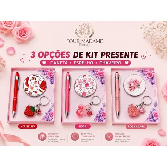 Kit Feminino Espelho Compacto Caneta e Chaveiro Decorativo Presente Delicado