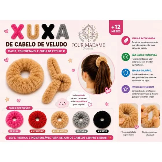 Kit Xuxa de Veludo com Presilha Feminina Elástico de Cabelo Macio e Confortável
