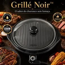 Grill Elétrico Redondo 220V Antiaderente com Termostato Ajustável 1200W Grillé Noir™ Churrasqueira Elétrica Sem Fumaça