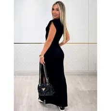 Vestido longo casual basico feminino ribana canelada manga muscle moda gringa preto marrom