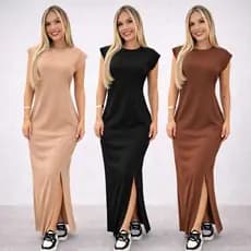 Vestido longo casual basico feminino ribana canelada manga muscle moda gringa preto marrom