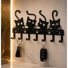 Porta Chaves Decorativo de Parede com Design de Gatos, 7 Ganchos, Organizador de Chaves com Tema de Gatos