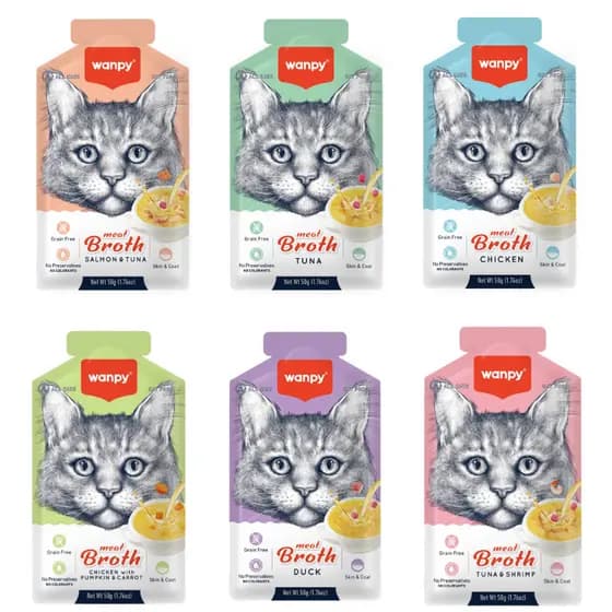 Kit 5 Uni Wanpy Caldinho Sopa Caldo Sopinha 50g para Gatos Sem corantes Saborosos e Nutritivos