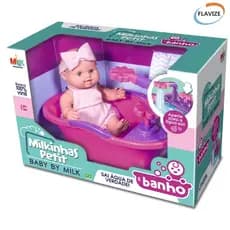 Boneca Milkinhas Banho petit bebe Com Banheira Que Sai Água de Verdade