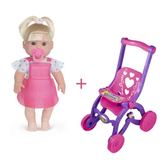Boneca grande Danadinhas com Chupeta estilosa mais carrinho de passeio Florzinha kit