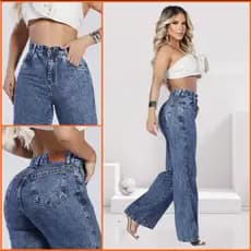 Calça Jeans Wide Leg Pantalona Feminina Grafite Cintura Alta