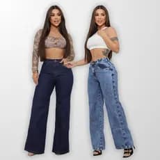 Kit 2 Calça Jeans Feminina Wide Leg Pantalona Cós Alto 100% Algodão