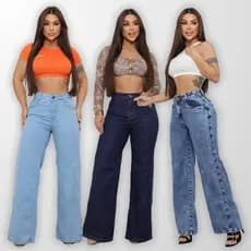 Kit 3 Calças Jeans Wide Leg Moda Feminina Blogueira Modela Corpo Cintura Alta Aumenta Bumbum