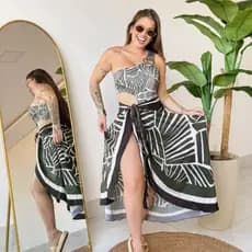 Maiô Feminino engana mamae biquini Nula Manga e saída Praia Pareô Redonda Conjunto