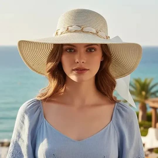 Chapéu floppy de praia feminino com faixa corrente