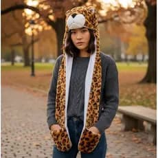 Touca cachecol de pelúcia bichos bichinho vários modelos lobo onça panda tigre e outros