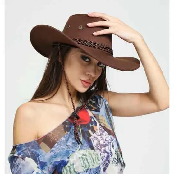 Chapéu Cowboy Australiano Camurça Vaqueiro Boiadeira Com Cordão