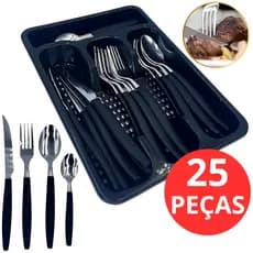 Jogo De Talheres Inox Com 25 Peças Organizador 4 Divisórias Preto