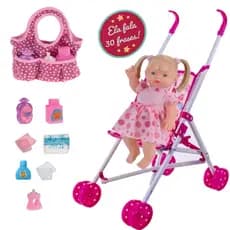 Boneca Bebê Elisi Fala e Bolsa Enxoval + Carrinho Passeio