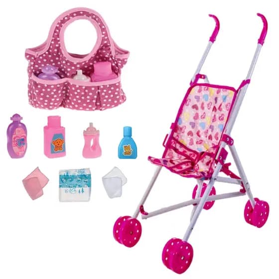 Kit Carrinho de Passeio + Bolsa Acessórios p/ Boneca Reborn