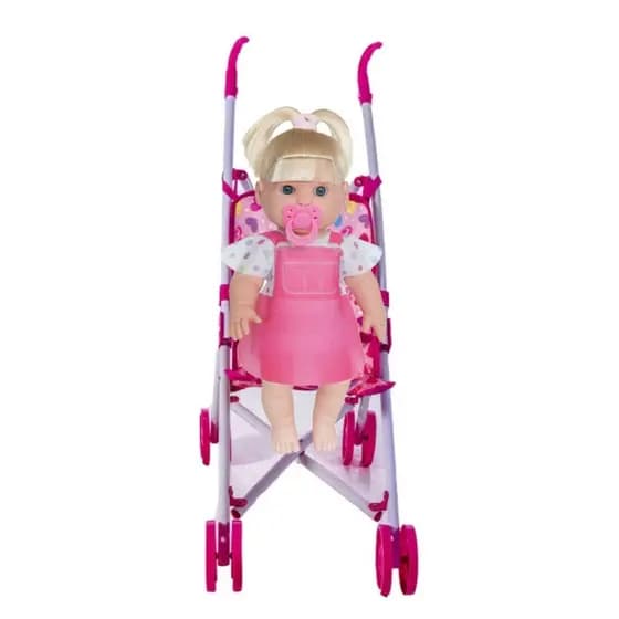 Boneca Danadinha Loira 34cm Chupeta Menina + Carrinho Rosa