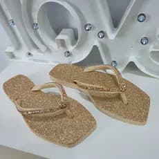 Chinelo feminino de Glitter com Strass de Luxo Bico Quadrado Qualidade Premium