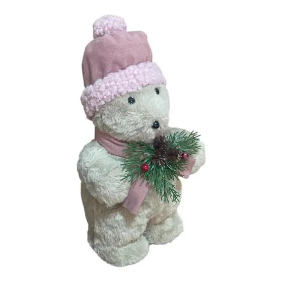 Urso Decorativo c/ Cachecol e Gorro Rosa - 14 x 15 x 30cm