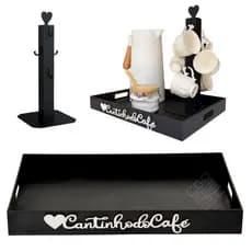 Kit Porta Xícaras C/ 6 Ganchos Organizadores  + Aparador Cantinho do Cafe Alças Mdf Premium Recepção