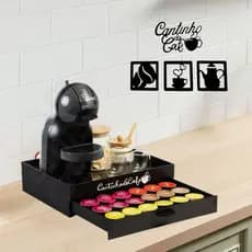Bandeja Cantinho do Cafe Preta Gaveta Porta 24 Capsulas Mdf Organizador Dolce Gusto Três Corações