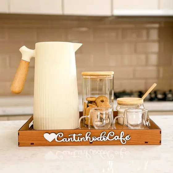 Kit Bandeja Cantinho do Cafe Cha Com Alças + 4 Peças Apliques Quadro Para Decoração Escritório Mdf