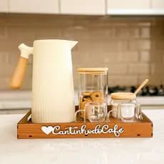 Kit Bandeja Cantinho do Cafe Cha Com Alças + 4 Peças Apliques Quadro Para Decoração Escritório Mdf