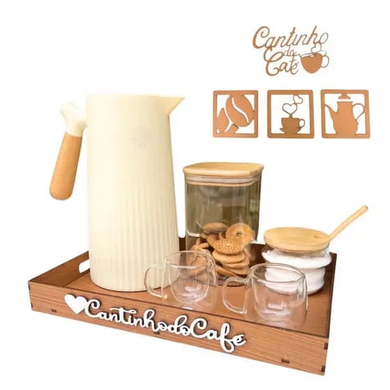 Bandeja para Café da Manhã + 4 Apliques Decoração Cantinho do Café Mdf Apoio Servir Garrafa Térmica