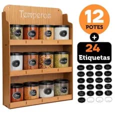 Porta Temperos Grande Com 12 Potes E 24 Adesivos Suporte Parede Para Condimentos Especiarias Em MDF