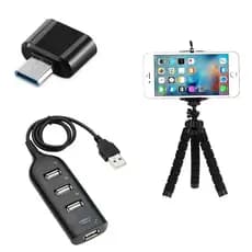 Kit Mobile Gamer Para Celular Hub 4 Portas Usb Para Teclado Mouse + Otg Tipo C Mobilador + Tripé Flexível