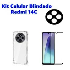 Kit Blindado Celular Redmi 14C Capa Anti Impacto + Película 3D Xiaomi + Película Para Câmera Protetora