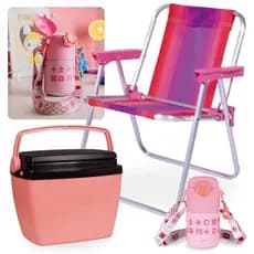 Kit Praia Infantil Garrafa Térmica 500 Ml Inox + Cadeira Rosa + Caixa Térmica 6l Pequena