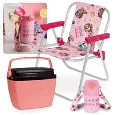 Kit Infantil Patrulha Ca Nina Garrafa Térmica 500 Ml + Cadeira Rosa + Caixa Térmica 6 L