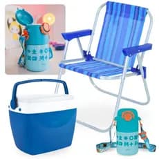 Kit Cadeira de Praia Azul Infantil Bel + Caixa Térmica 6 Litros + Garrafinha Térmica 500ml